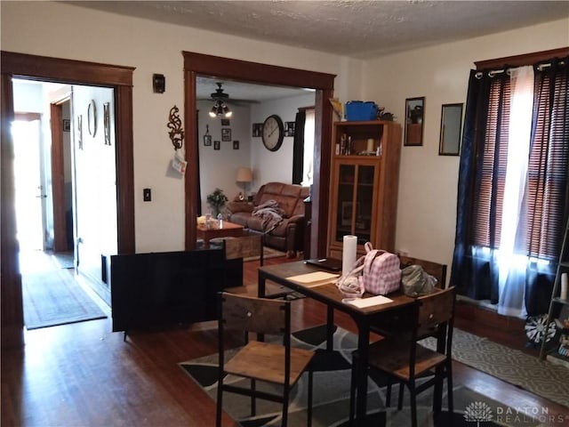 dining space featuring hardwood / wood-style flooring, ceiling fan, a textured ceiling, and a wealth of natural light