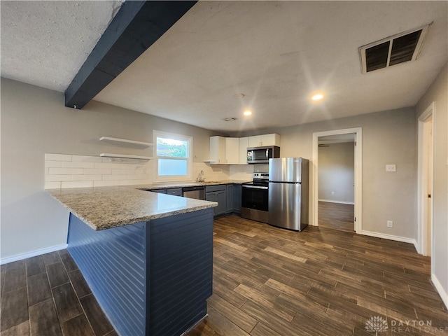 kitchen with kitchen peninsula, white cabinetry, dark hardwood / wood-style floors, and appliances with stainless steel finishes