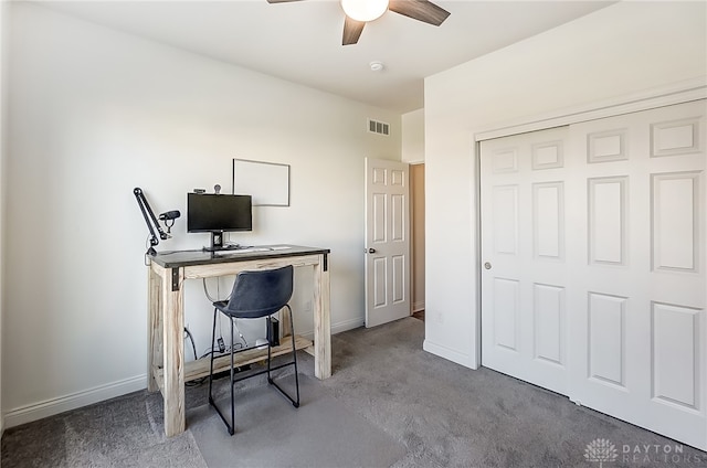 office space with carpet flooring and ceiling fan