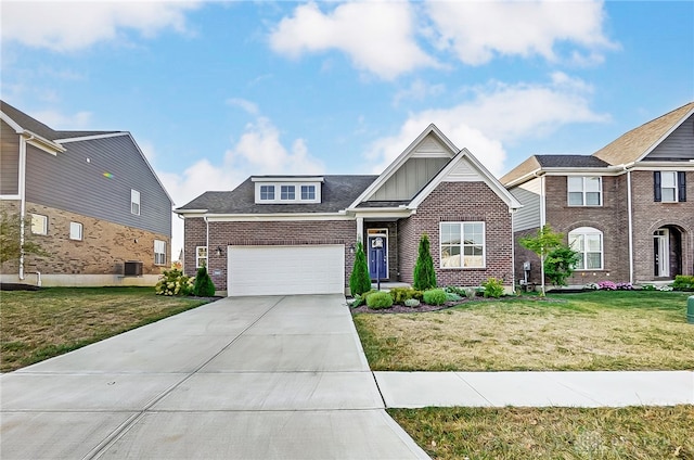 view of front of house with a garage, central AC, and a front yard