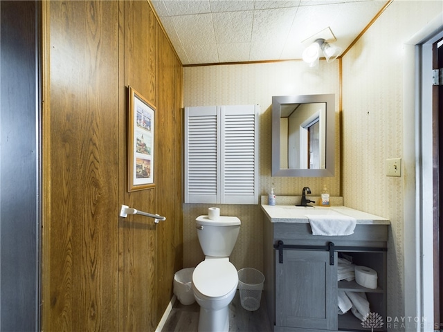 bathroom featuring vanity, toilet, and hardwood / wood-style floors