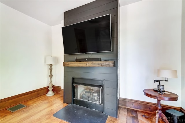 details featuring wood-type flooring and a large fireplace