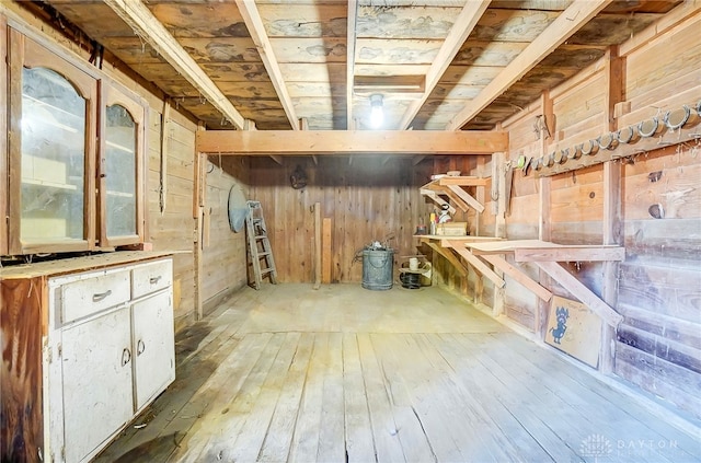 interior space featuring light wood-type flooring, wood walls, and wooden ceiling