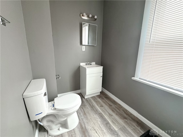 bathroom with hardwood / wood-style flooring, vanity, and toilet