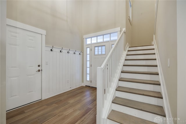 foyer with hardwood / wood-style flooring and a high ceiling