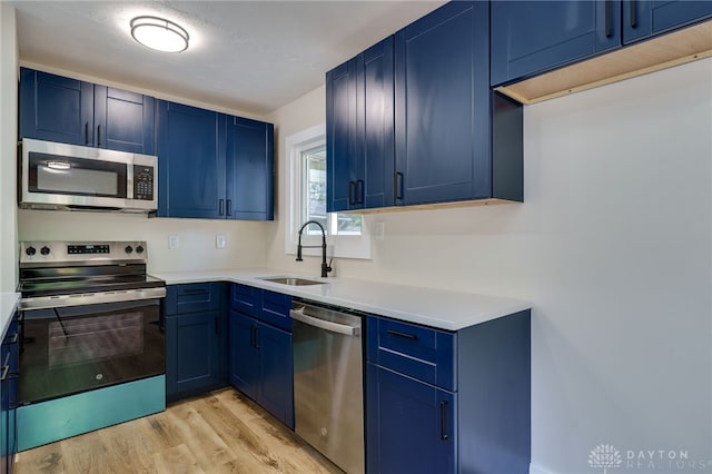 kitchen with appliances with stainless steel finishes, light hardwood / wood-style flooring, blue cabinets, and sink