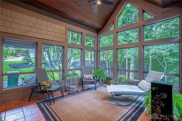 sunroom / solarium with ceiling fan, wooden ceiling, and lofted ceiling