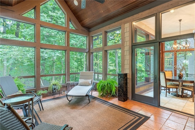 sunroom / solarium featuring ceiling fan, wood ceiling, and lofted ceiling