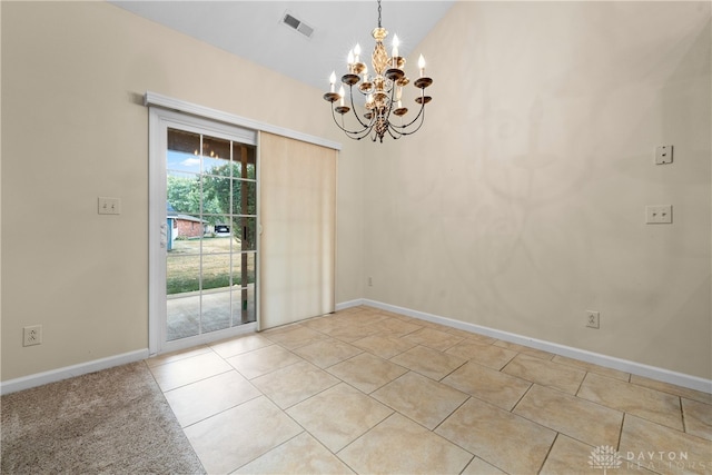 empty room featuring high vaulted ceiling, an inviting chandelier, and light tile patterned floors