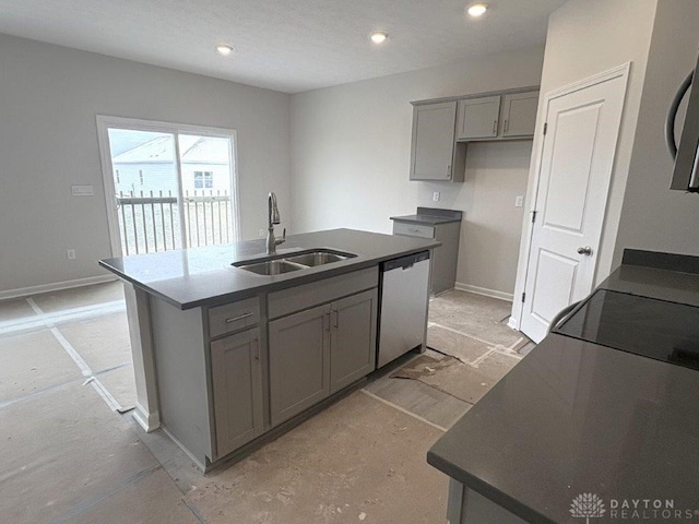 kitchen with stainless steel dishwasher, sink, gray cabinetry, and a kitchen island with sink