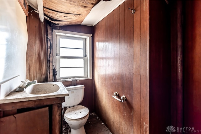 bathroom with wood walls, vanity, and toilet