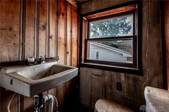 bathroom with wooden walls, toilet, and sink