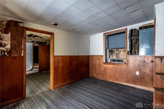 carpeted empty room featuring wood walls and electric panel