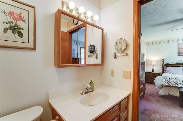 bathroom with vanity, toilet, and a textured ceiling