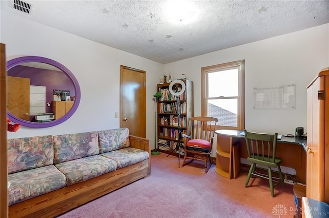 carpeted living room with a textured ceiling