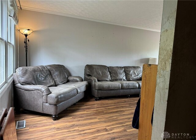 living room featuring a textured ceiling, wood-type flooring, and ornamental molding