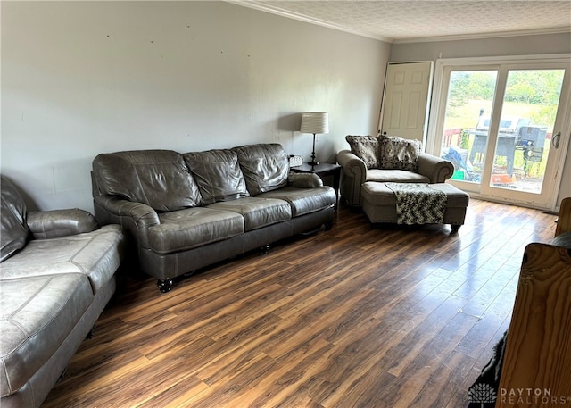 living room featuring a textured ceiling, crown molding, and dark hardwood / wood-style flooring