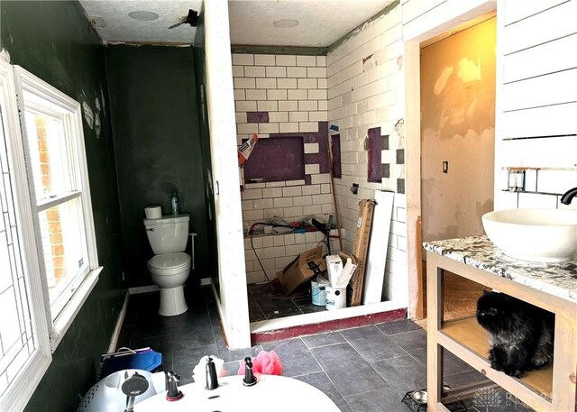 bathroom with tile walls, vanity, a textured ceiling, toilet, and a bidet