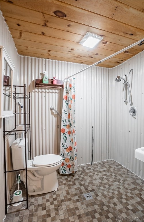 bathroom with toilet, walk in shower, and wood ceiling