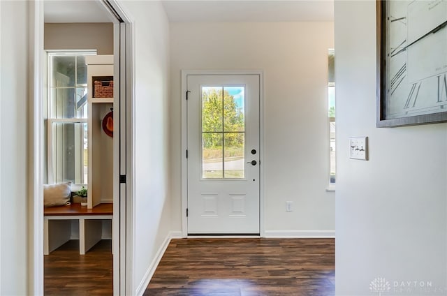 doorway with dark wood-type flooring