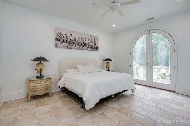 bedroom featuring access to outside, light tile patterned floors, french doors, and ceiling fan