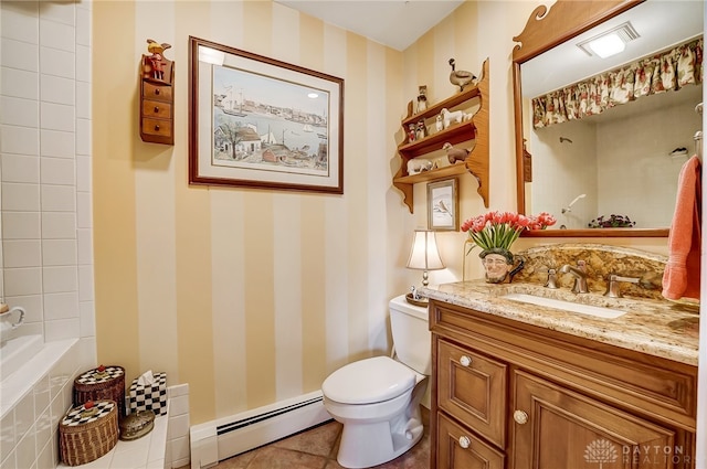 bathroom featuring vanity, tile patterned flooring, a baseboard heating unit, a shower, and toilet