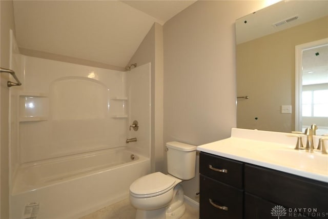 bathroom with shower / bath combination, toilet, lofted ceiling, vanity, and visible vents