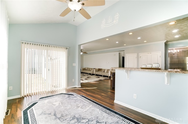 interior space featuring ornamental molding, vaulted ceiling, ceiling fan, and dark wood-type flooring