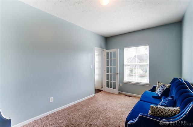 living area featuring a textured ceiling and carpet