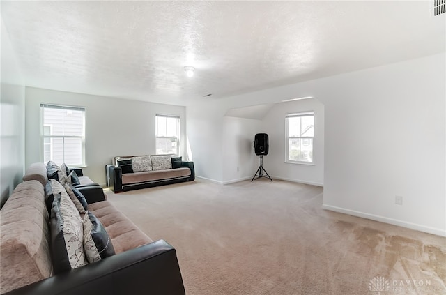 carpeted living room with a textured ceiling