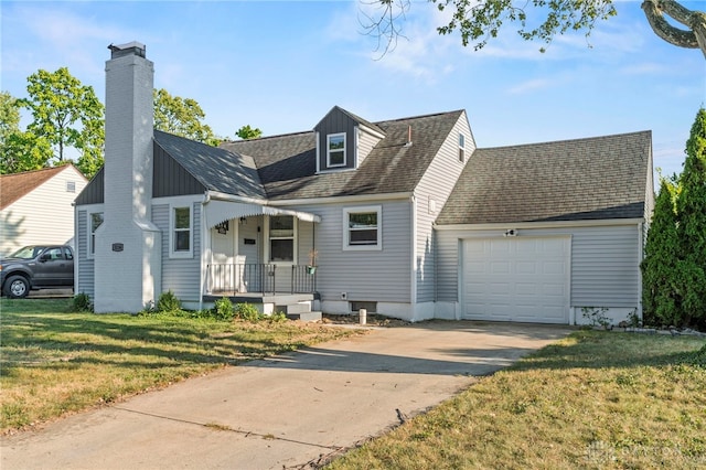 cape cod house with a front lawn, covered porch, and a garage