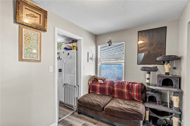 living area with light hardwood / wood-style floors and a textured ceiling