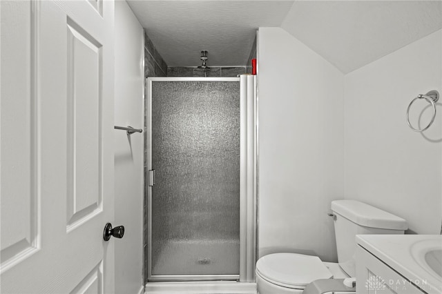 bathroom with lofted ceiling, walk in shower, vanity, and toilet