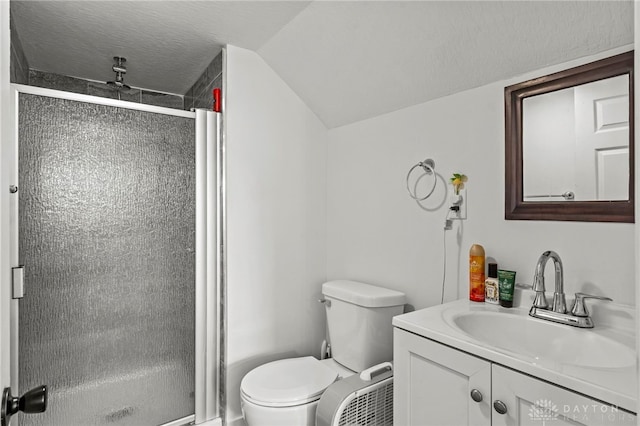 bathroom with a shower with shower door, vanity, a textured ceiling, lofted ceiling, and toilet