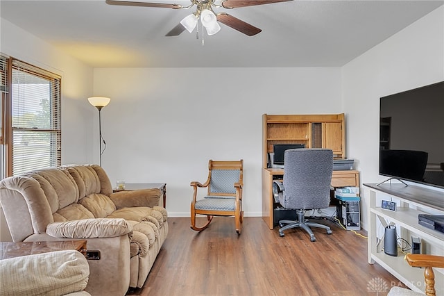 office with ceiling fan and hardwood / wood-style flooring