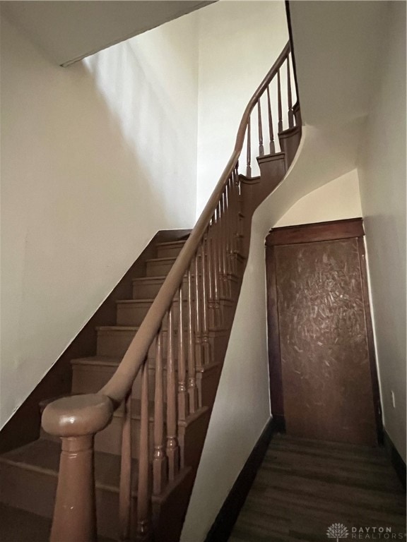 staircase with hardwood / wood-style floors