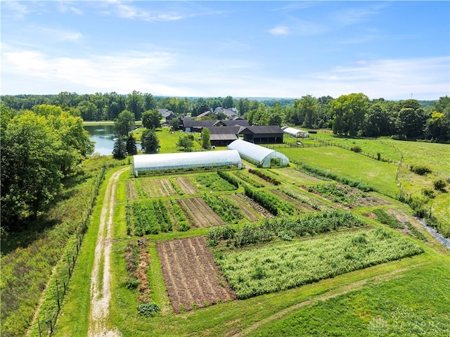 aerial view featuring a rural view and a water view