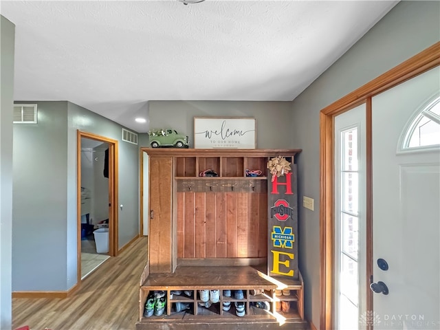 mudroom featuring a textured ceiling and wood-type flooring