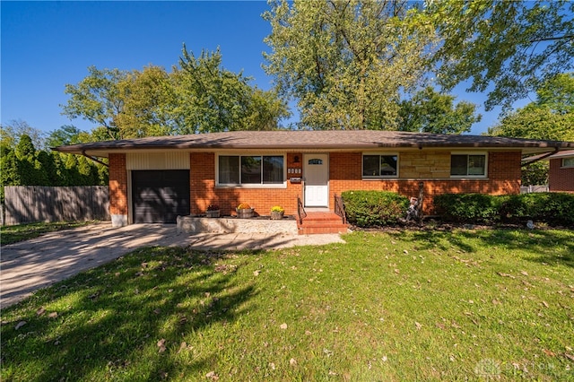 ranch-style house with a front yard and a garage