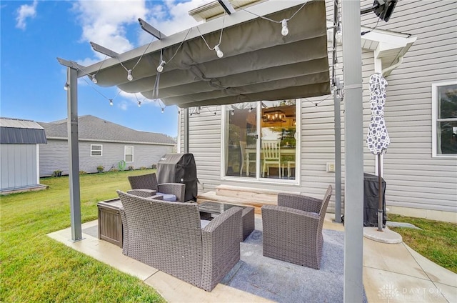 view of patio / terrace with area for grilling, outdoor lounge area, and a shed