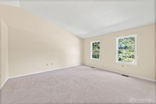 unfurnished room with light colored carpet, a textured ceiling, and lofted ceiling