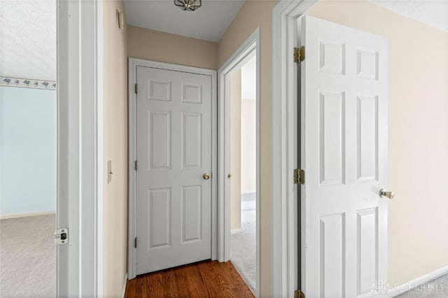 hallway with dark hardwood / wood-style flooring