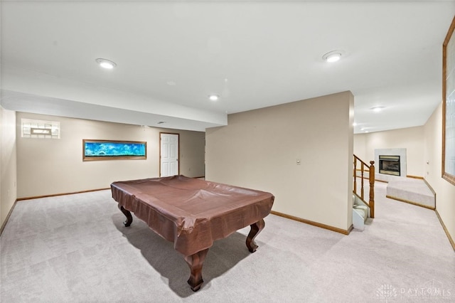 playroom featuring pool table and light colored carpet