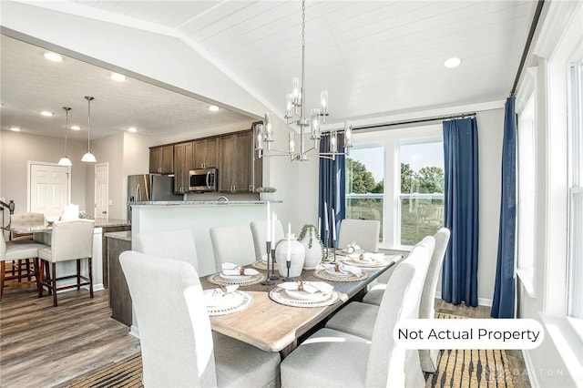 dining space with an inviting chandelier, wood ceiling, dark wood-type flooring, and vaulted ceiling