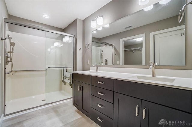 bathroom featuring vanity and a shower with shower door