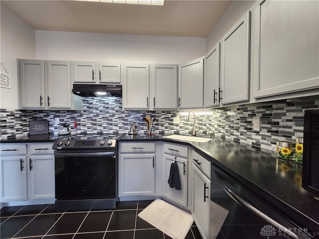 kitchen with sink, backsplash, white cabinetry, dishwasher, and range with electric stovetop