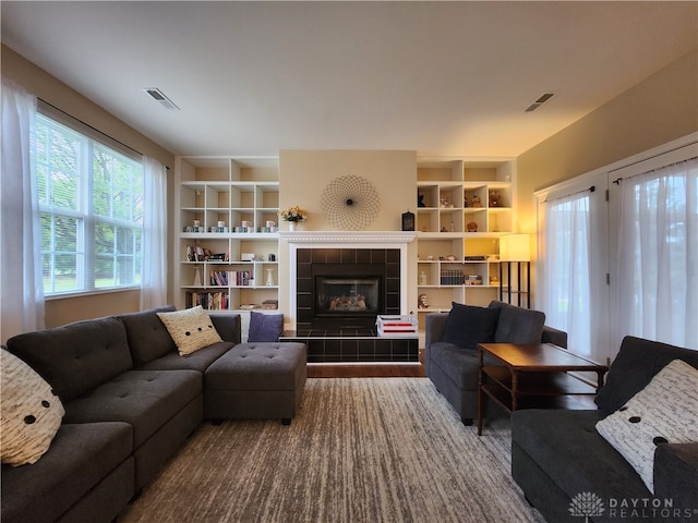 living room with a fireplace