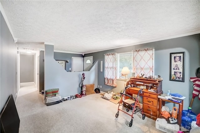 office area with carpet floors, a textured ceiling, and ornamental molding