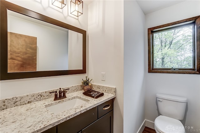 bathroom featuring wood-type flooring, vanity, and toilet