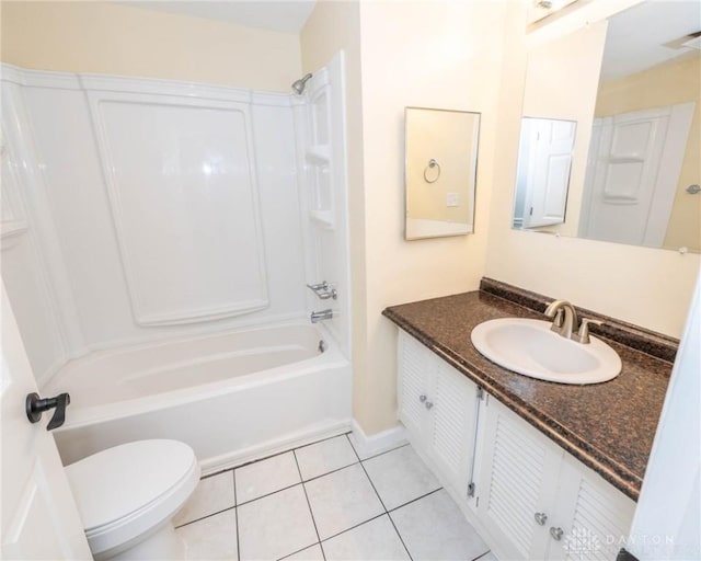 full bathroom with shower / washtub combination, vanity, tile patterned floors, and toilet